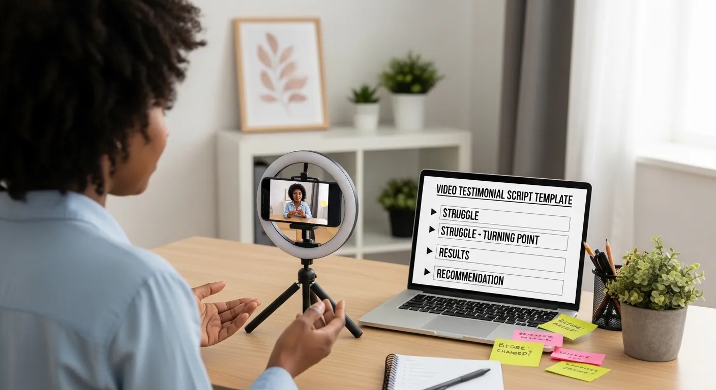 Woman records a structured video testimonial using a clear script template at her desk.