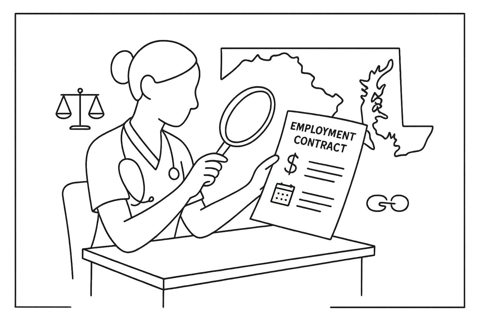 Nurse practitioner examining a contract with Maryland outline and legal symbols of Maryland Nurse Practitioner Contract Review.