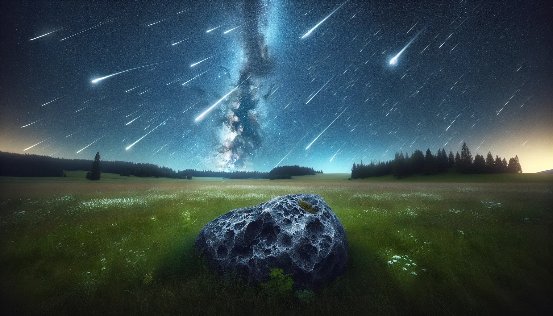 A meteor shower seen above a countryside with a meteorite in the foreground.