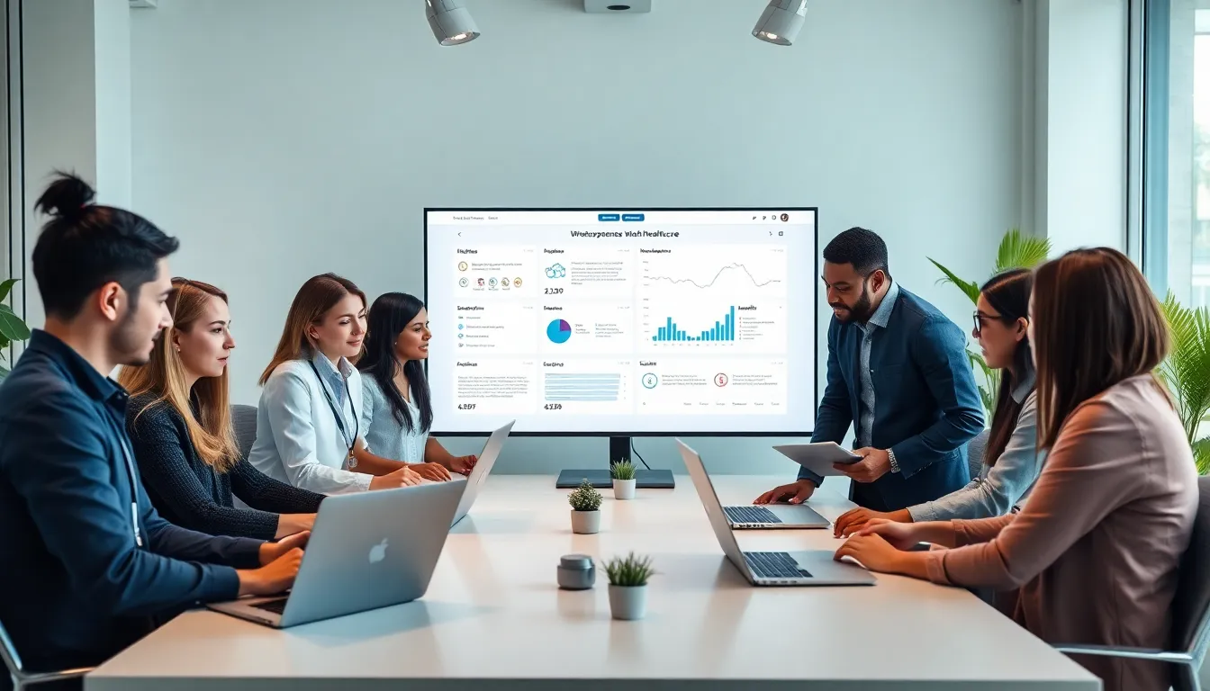 diverse team collaborating on a healthcare website design in a modern office.