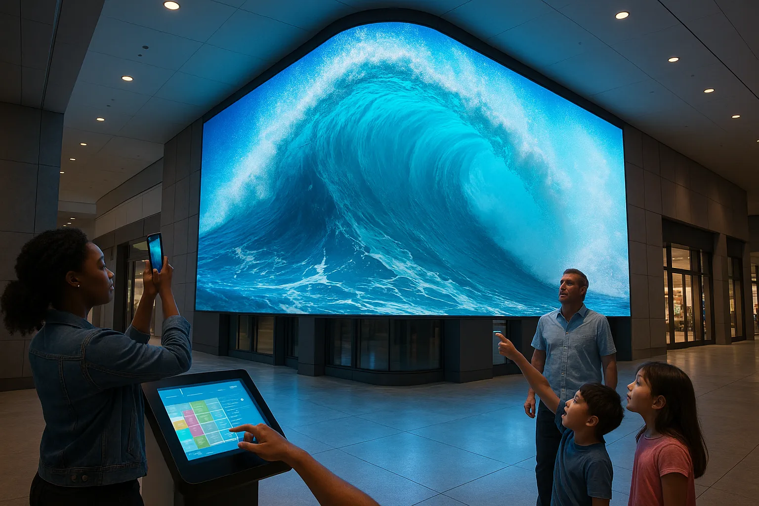 Visitors amazed by a 3D anamorphic LED video wall in a modern retail space.