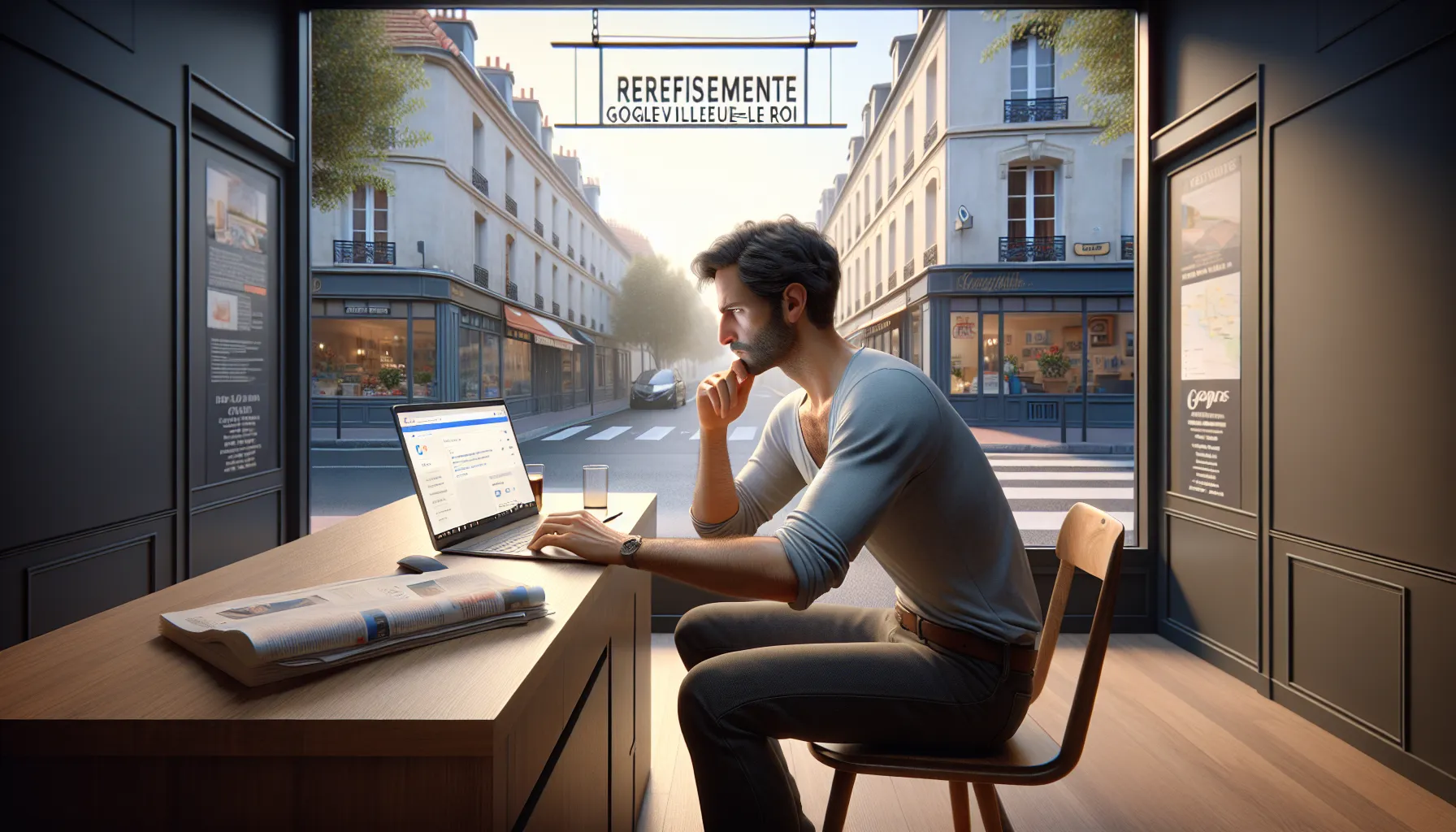 Local business owner in Villeneuve-le-Roi worriedly checking Google search visibility on laptop.