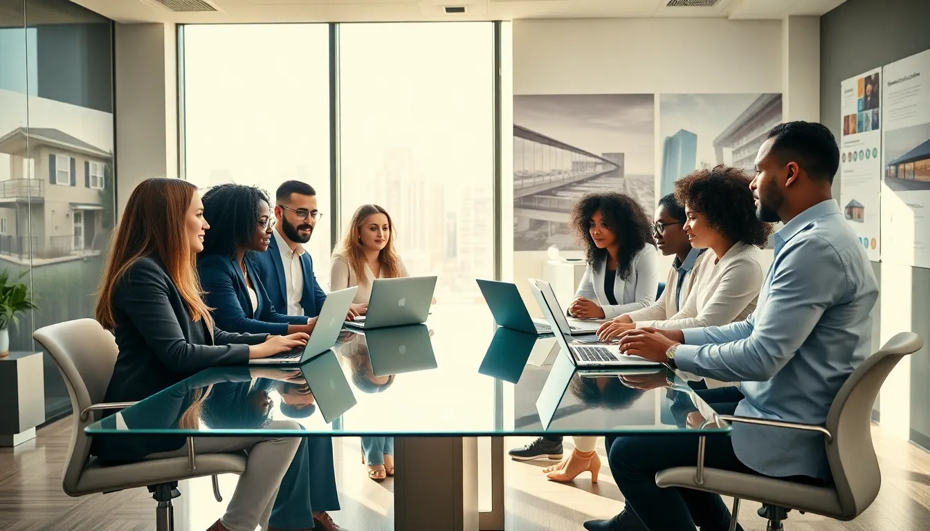 diverse real estate team discussing strategies in a modern office.