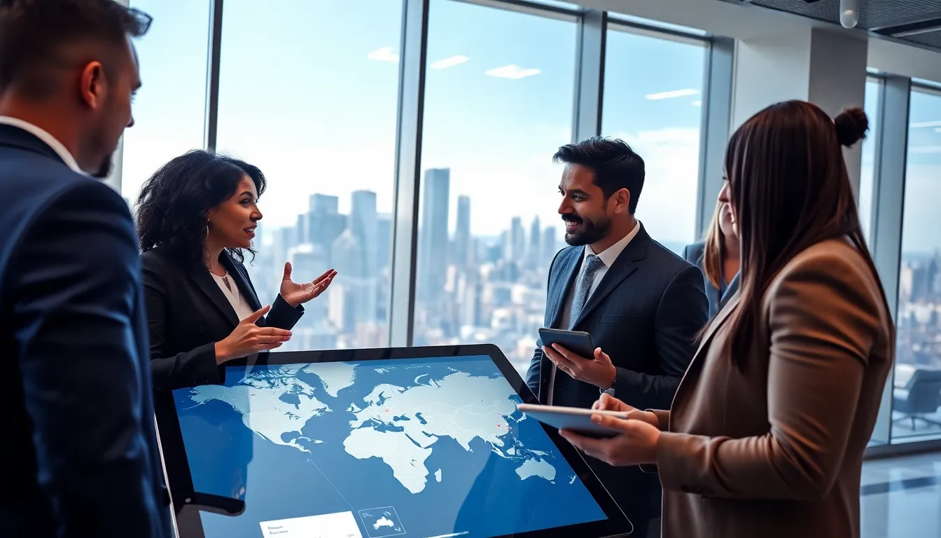real estate agents using modern technology in a futuristic office setting.