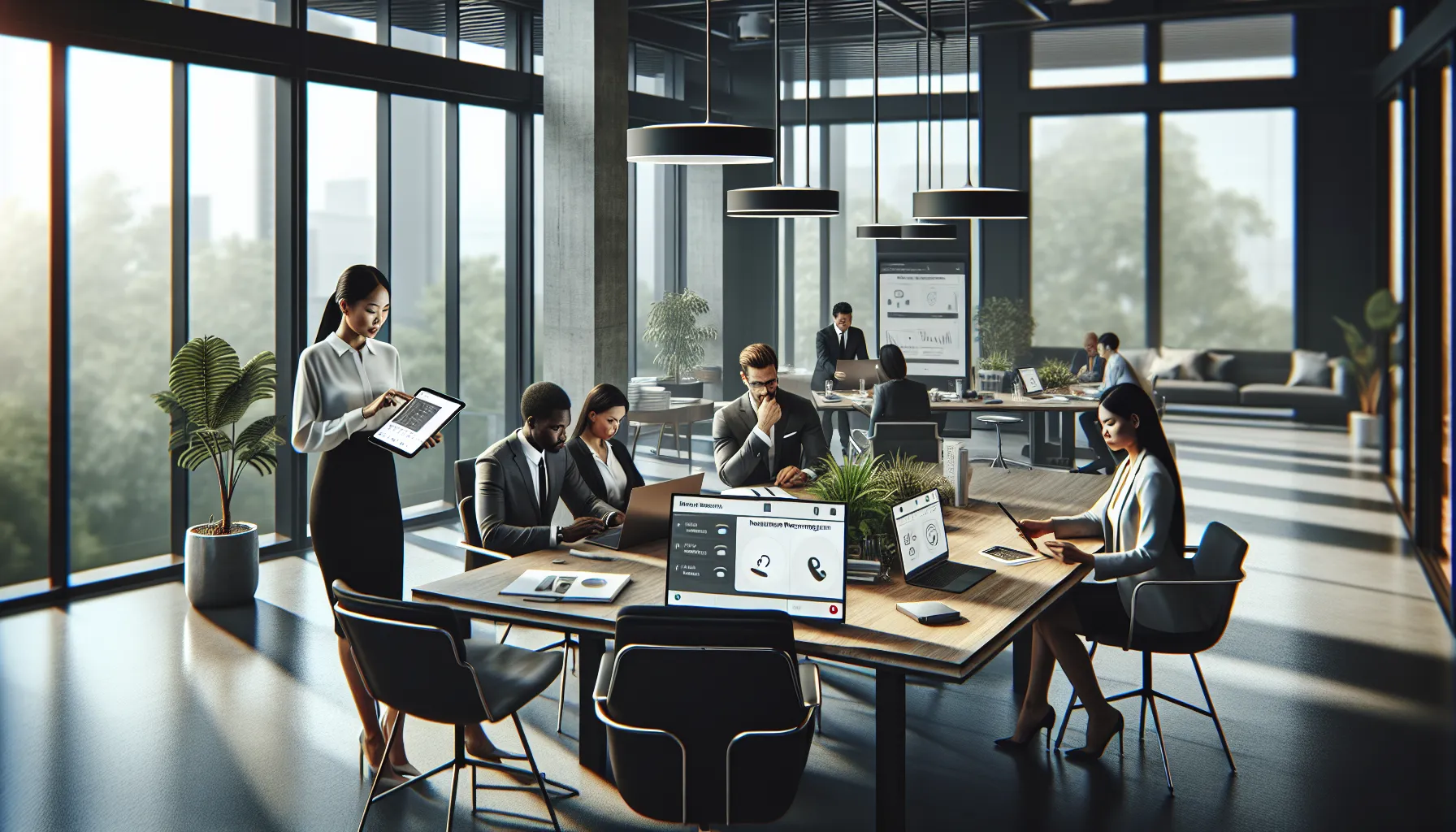 diverse team discussing call management in a modern office.