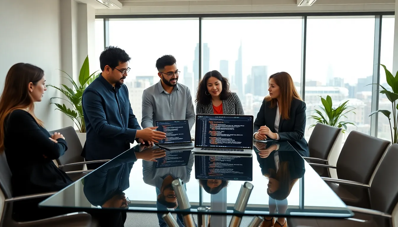 diverse developers discussing Java programming in a modern office.