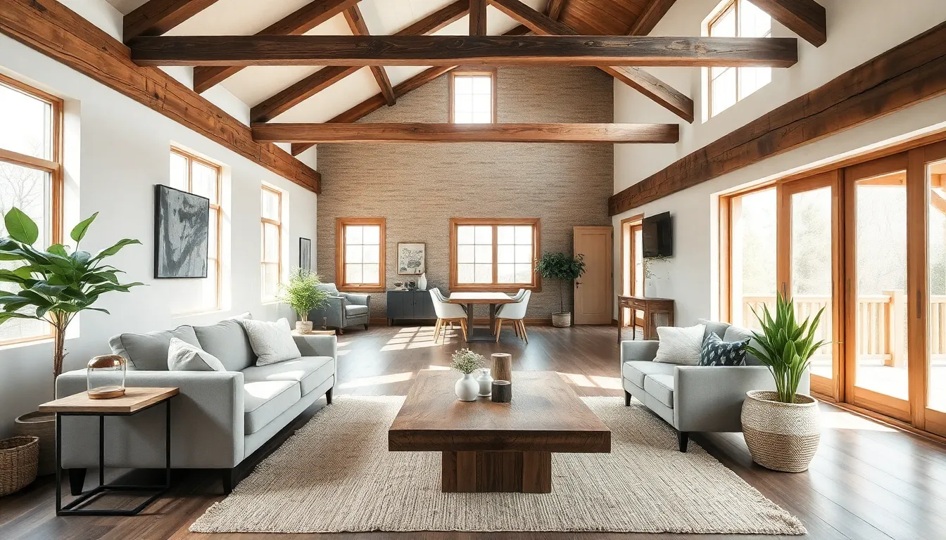 cozy living room with modern rustic design elements.
