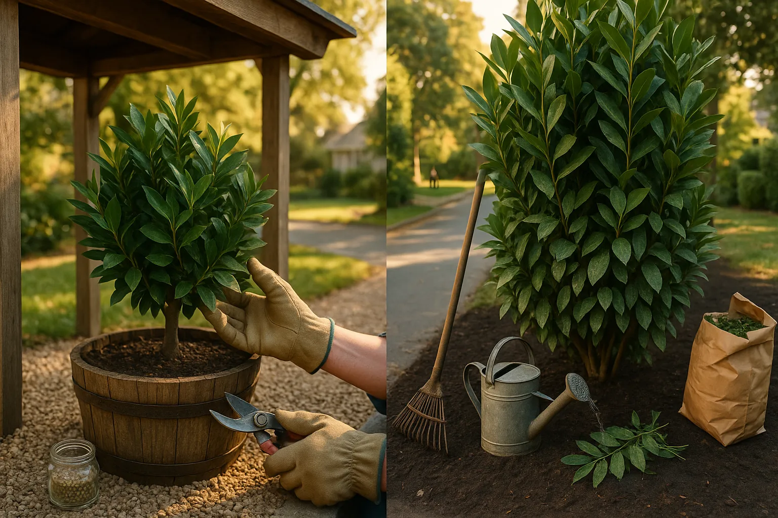 Gardener tending a bay laurel in a barrel beside a shaded cherry laurel hedge.