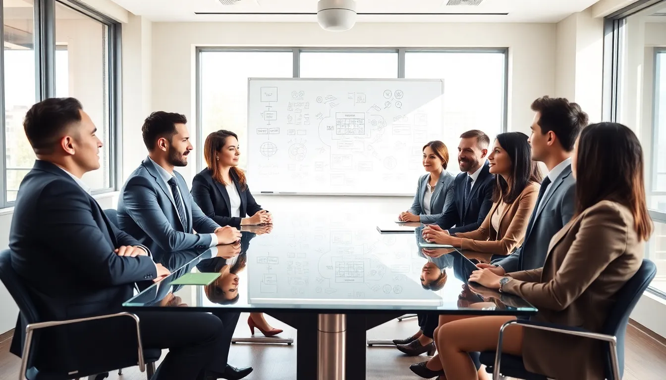diverse professionals engaged in intellectual discussion in a modern office.