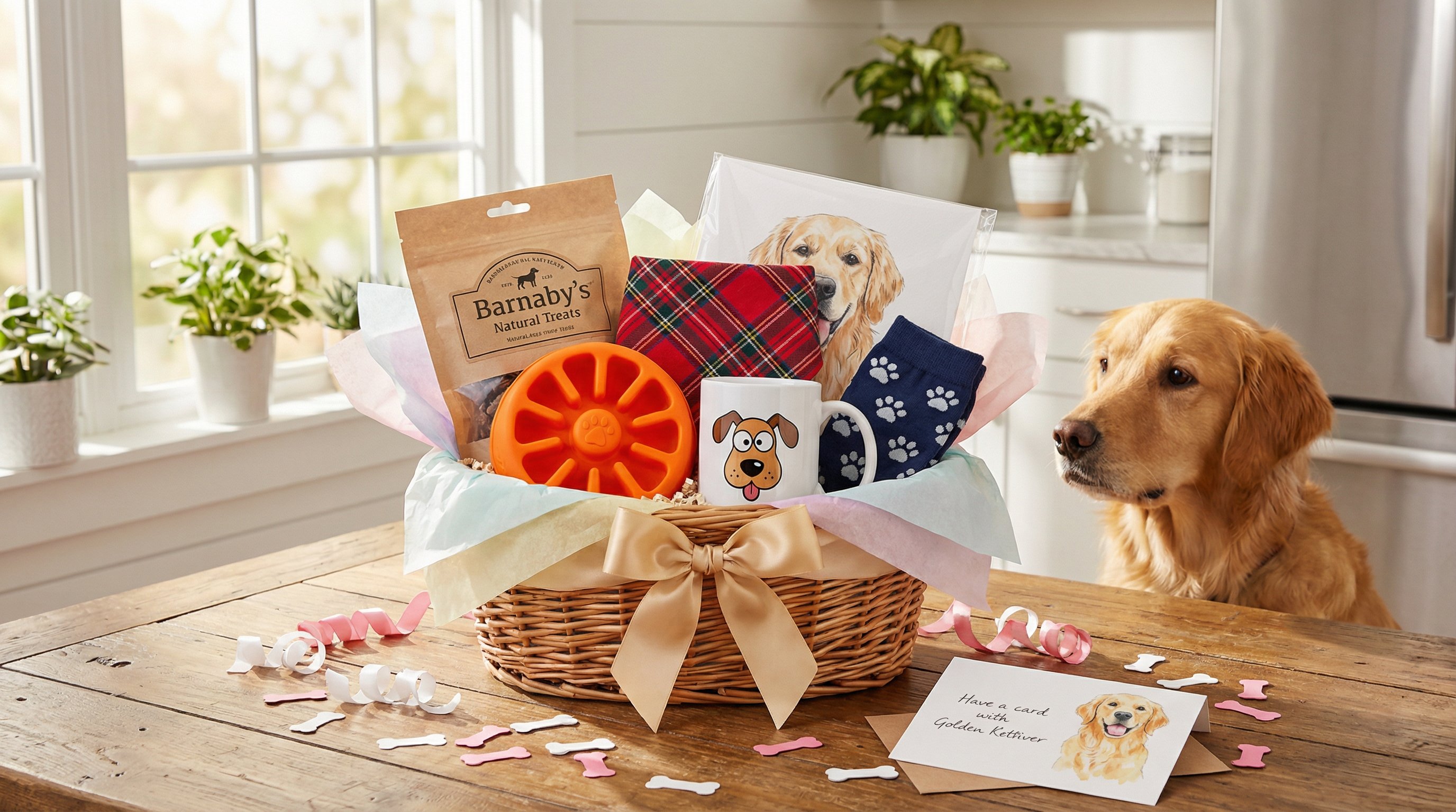 A curated dog lover birthday gift basket with treats, toys, and a curious golden retriever.