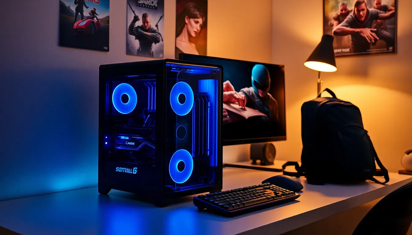 A compact transport gaming PC setup with a glowing graphics card and accessories.