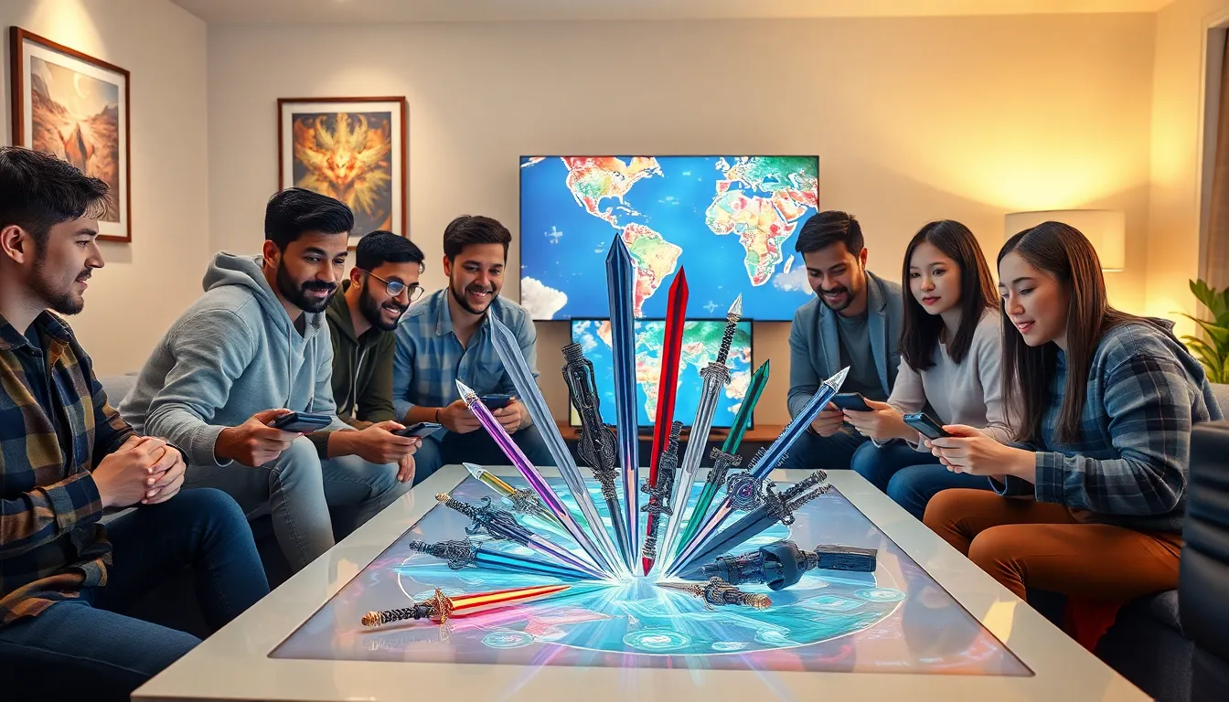 diverse group of gamers exploring RPG weapons in a modern living room.
