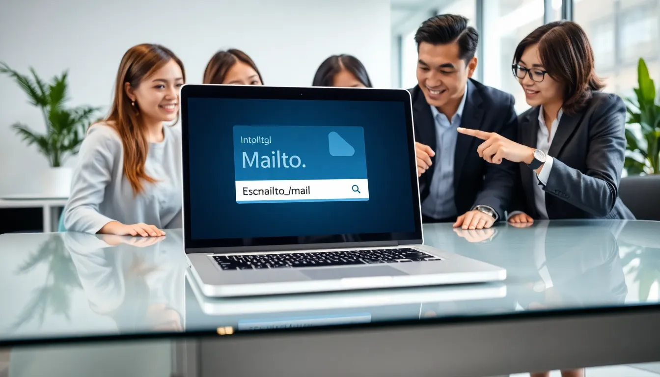 professionals discussing mailto link in a modern office.