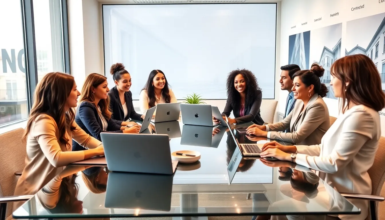 diverse real estate team collaborating in a modern office setting.