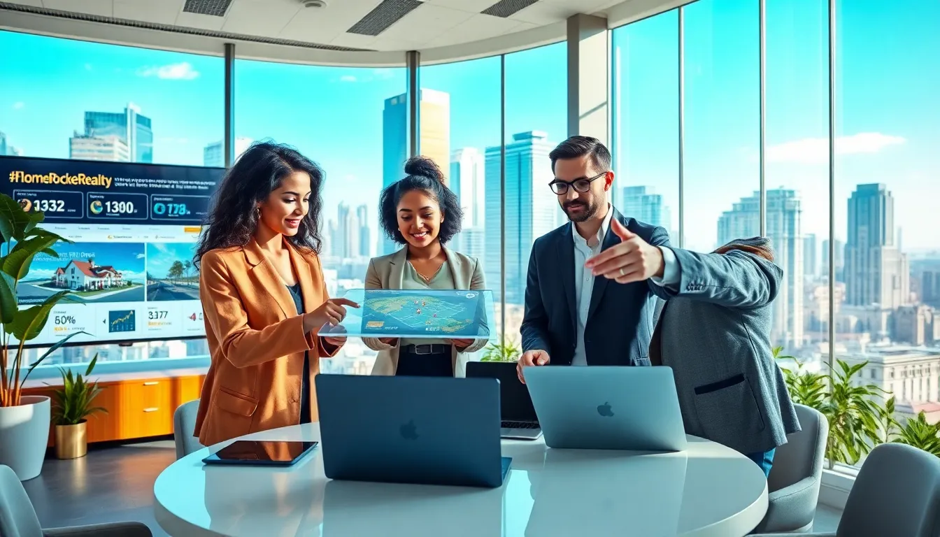 diverse professionals using technology in a modern real estate office.
