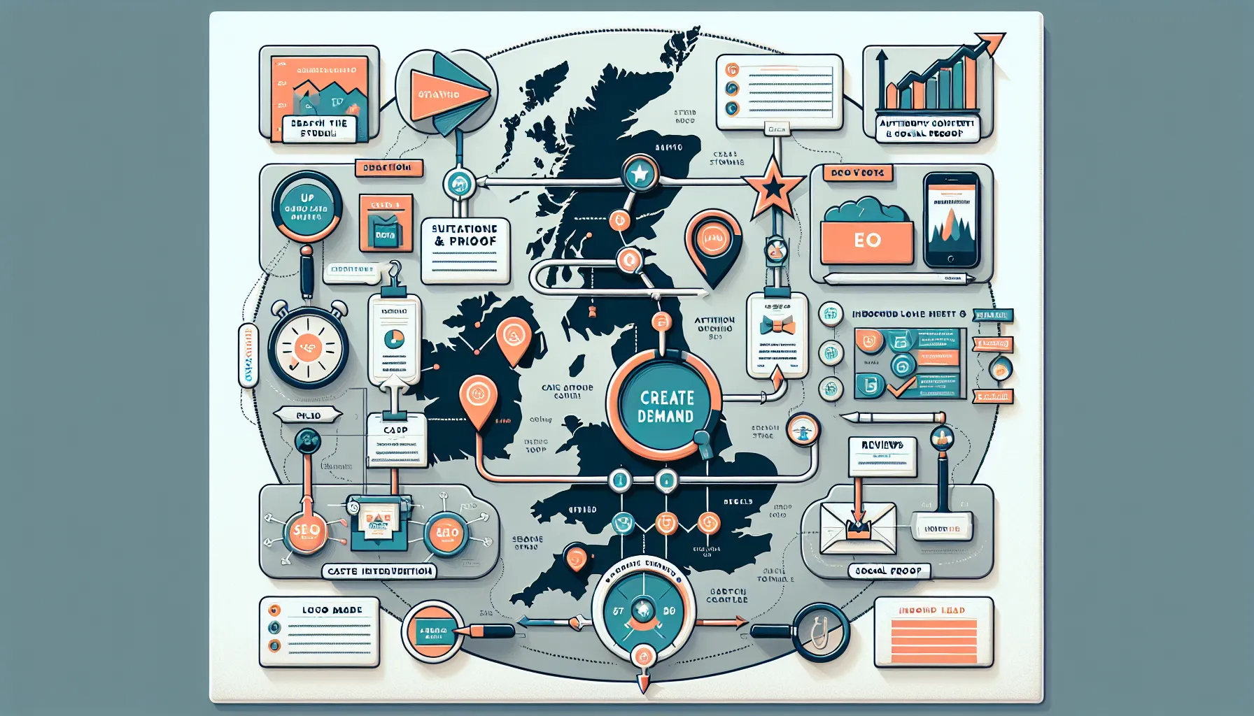 UK-focused process infographic showing credibility tactics leading to inbound SEO leads.