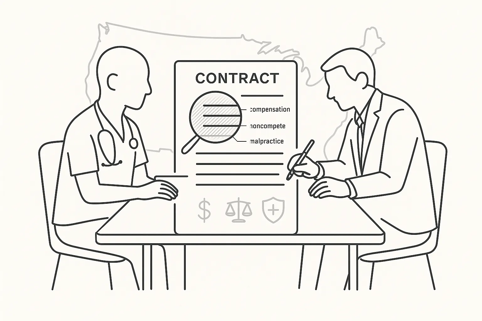 Attorney and physician assistant reviewing an employment contract together of Physician Assistant Employment Contract Attorney.
