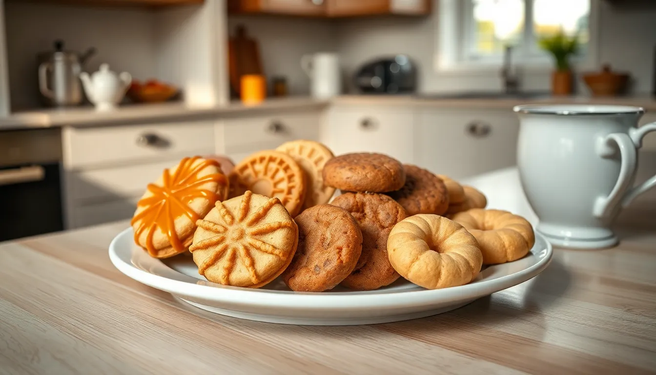 An assortment of traditional Dutch cookies on a porcelain plate.