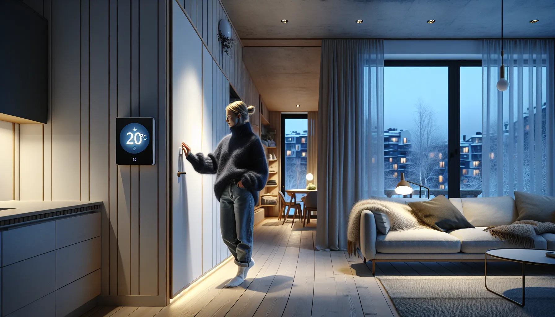 Norwegian woman adjusts smart thermostat in a dim, energy-saving winter home.