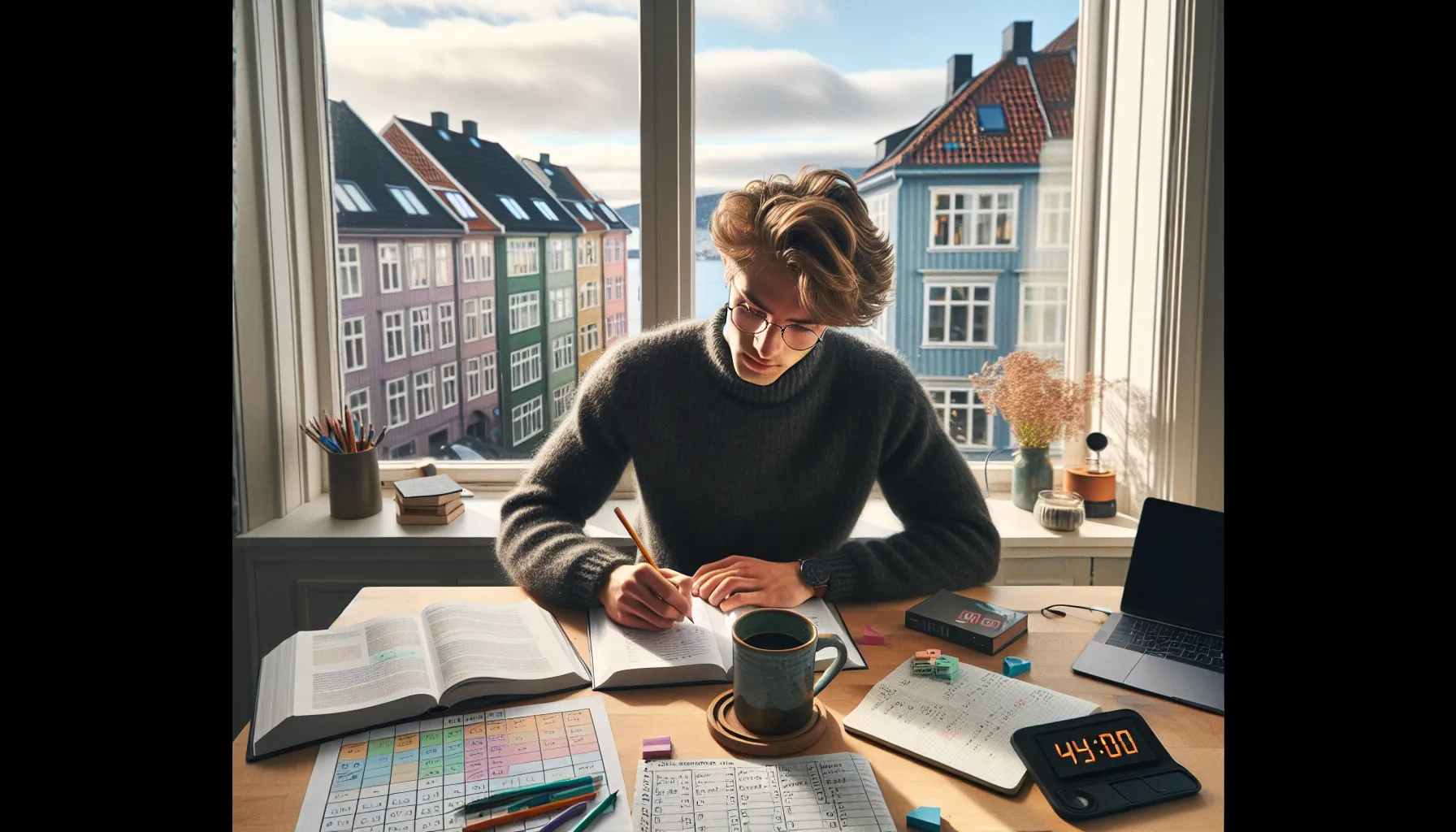 Slik lager du en studieplan som fungerer 2 Norwegian student planning smart goals with a priority matrix and weekly schedule.