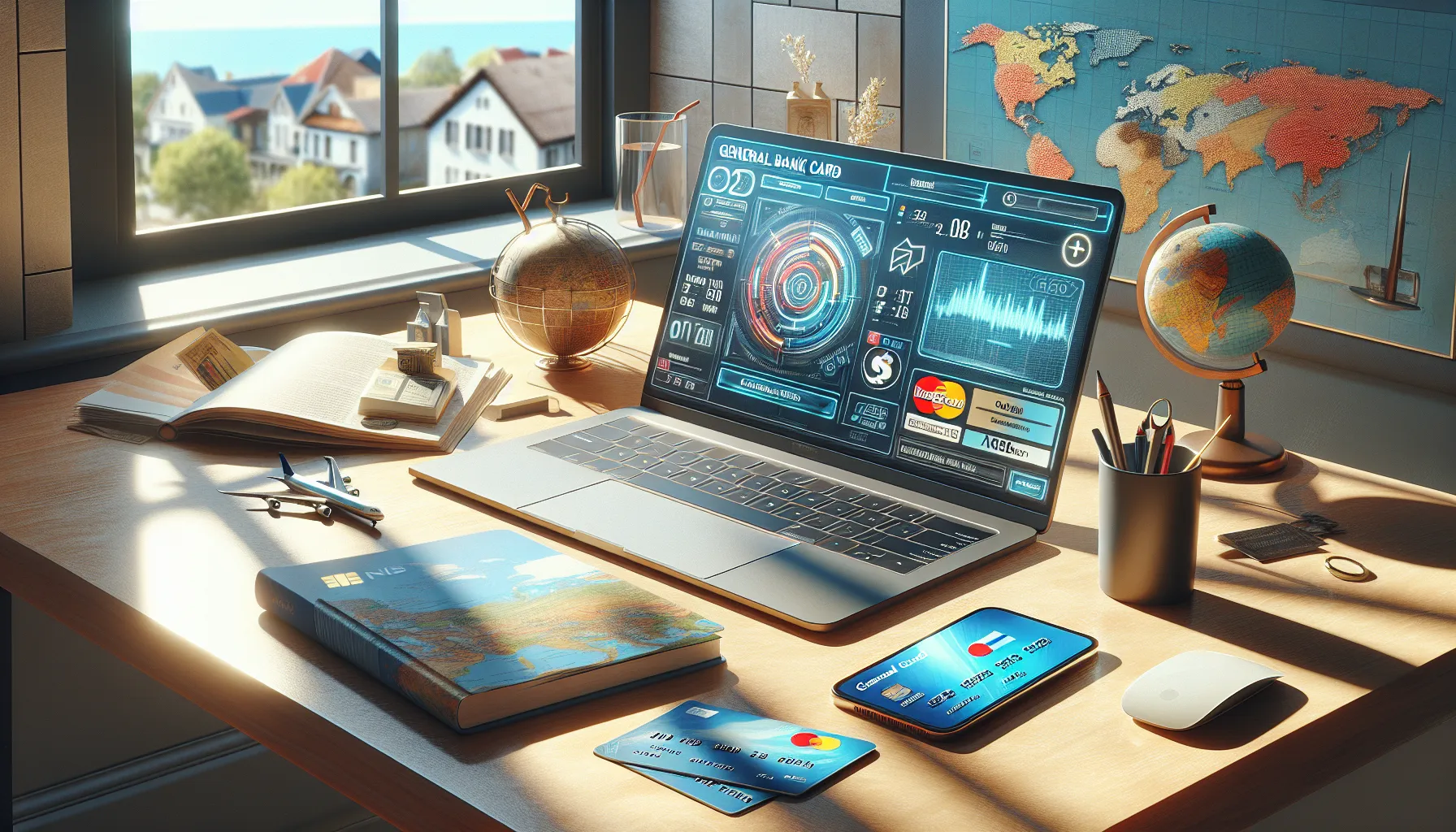 Travel planning setup with Visa and MasterCard on a desk with travel items.