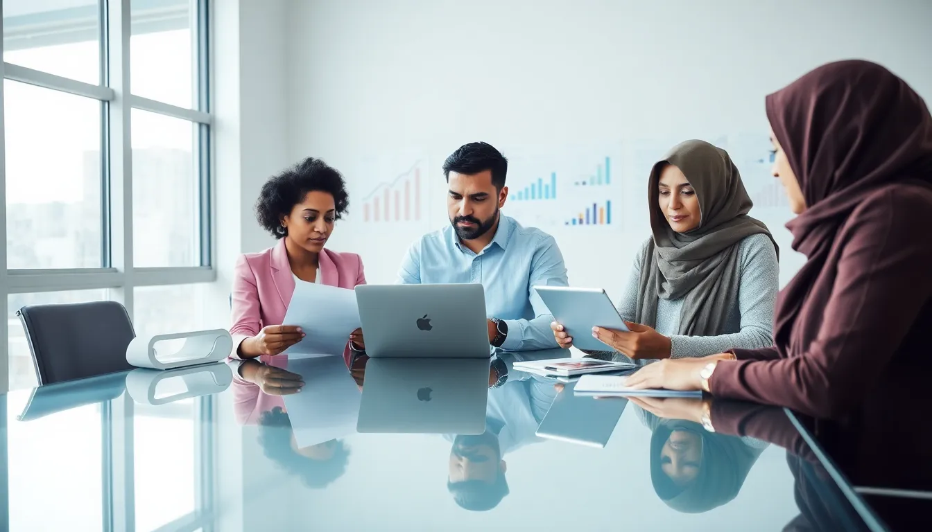 diverse team discussing rental requirements in a modern office.