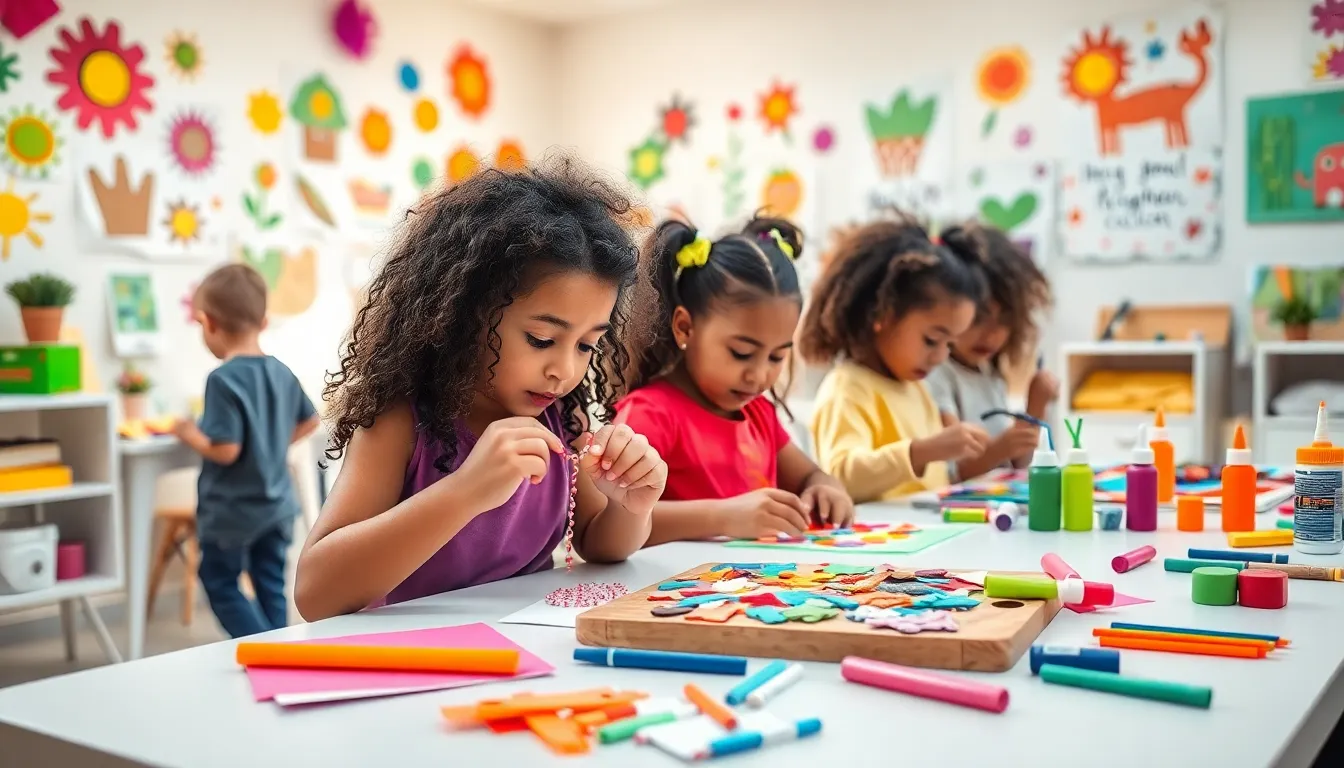 children engaged in fun DIY crafts in a bright creative workspace.