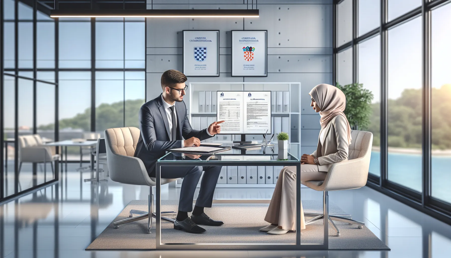 Licensed financial advisor consulting with clients in regulated Croatian lending office.