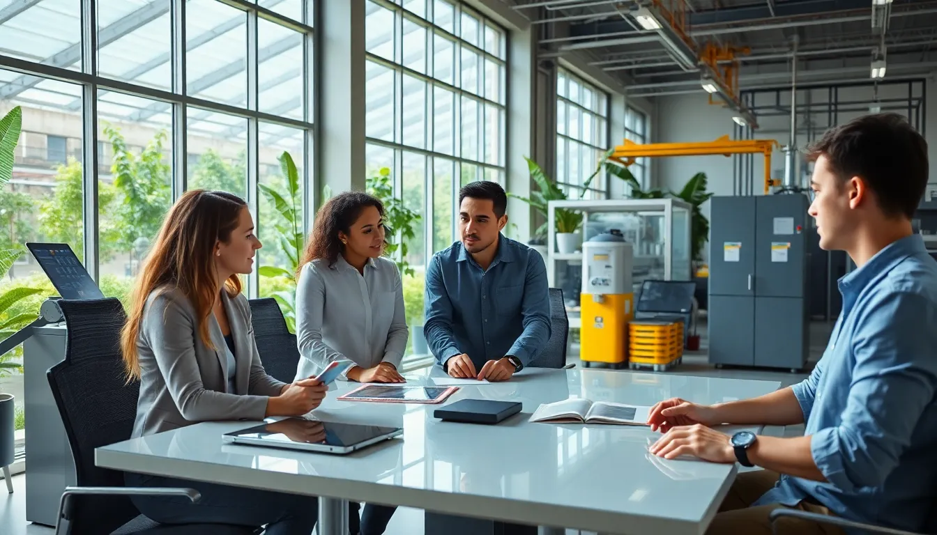 diverse team discussing sustainable manufacturing in a modern facility.