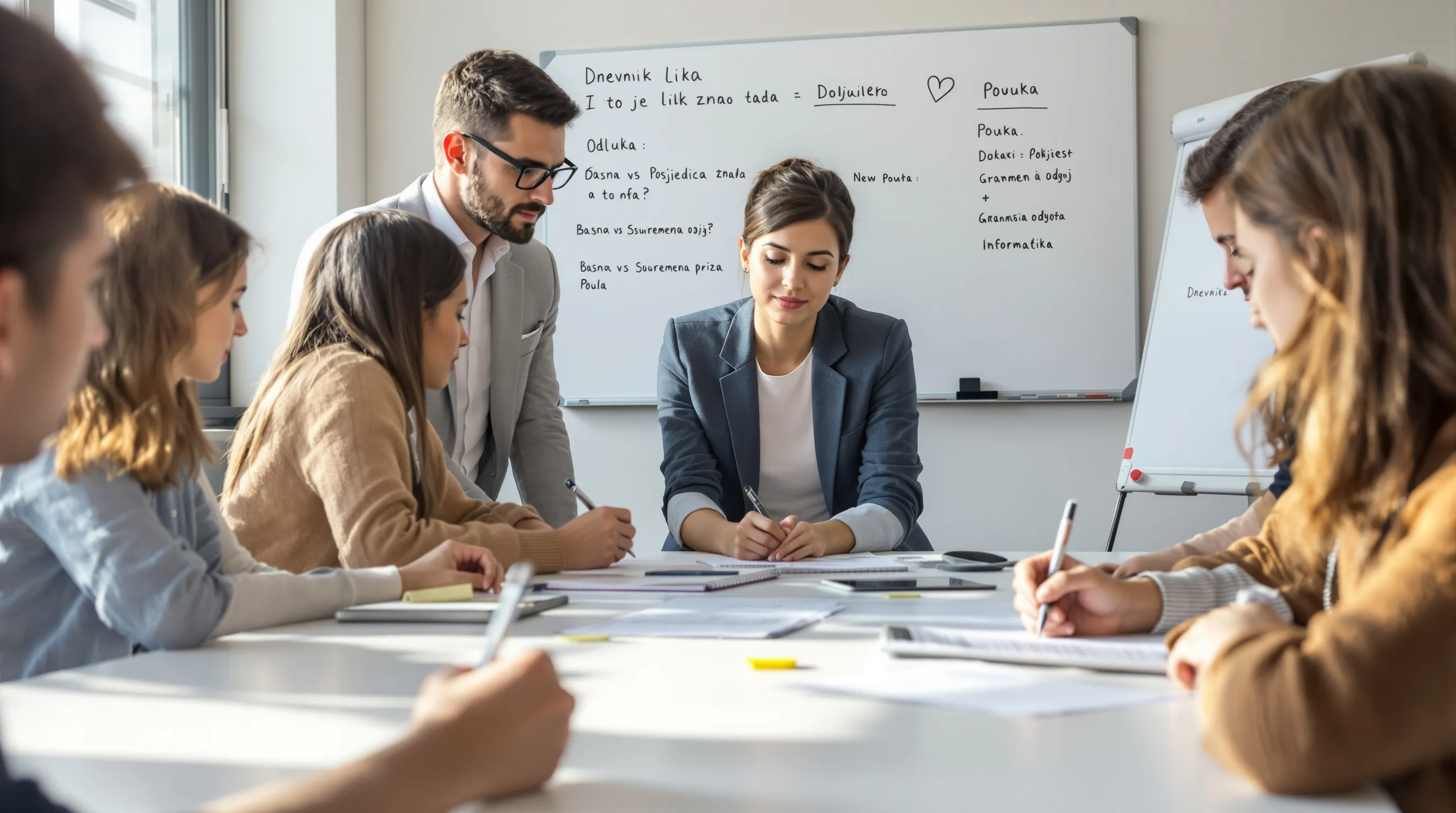 Teacher guiding Croatian students through moral story analysis in modern classroom.