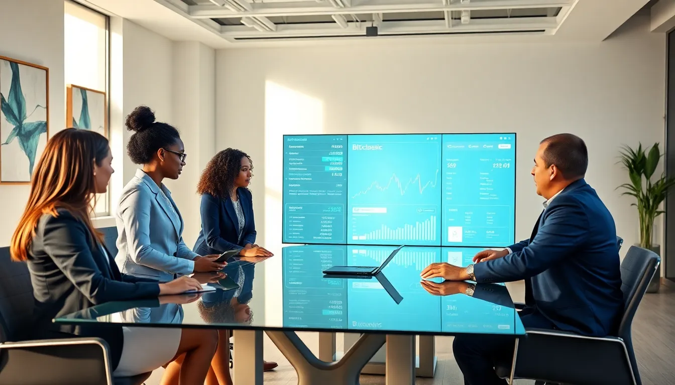 diverse professionals collaborating on cryptocurrency strategies in a modern office.