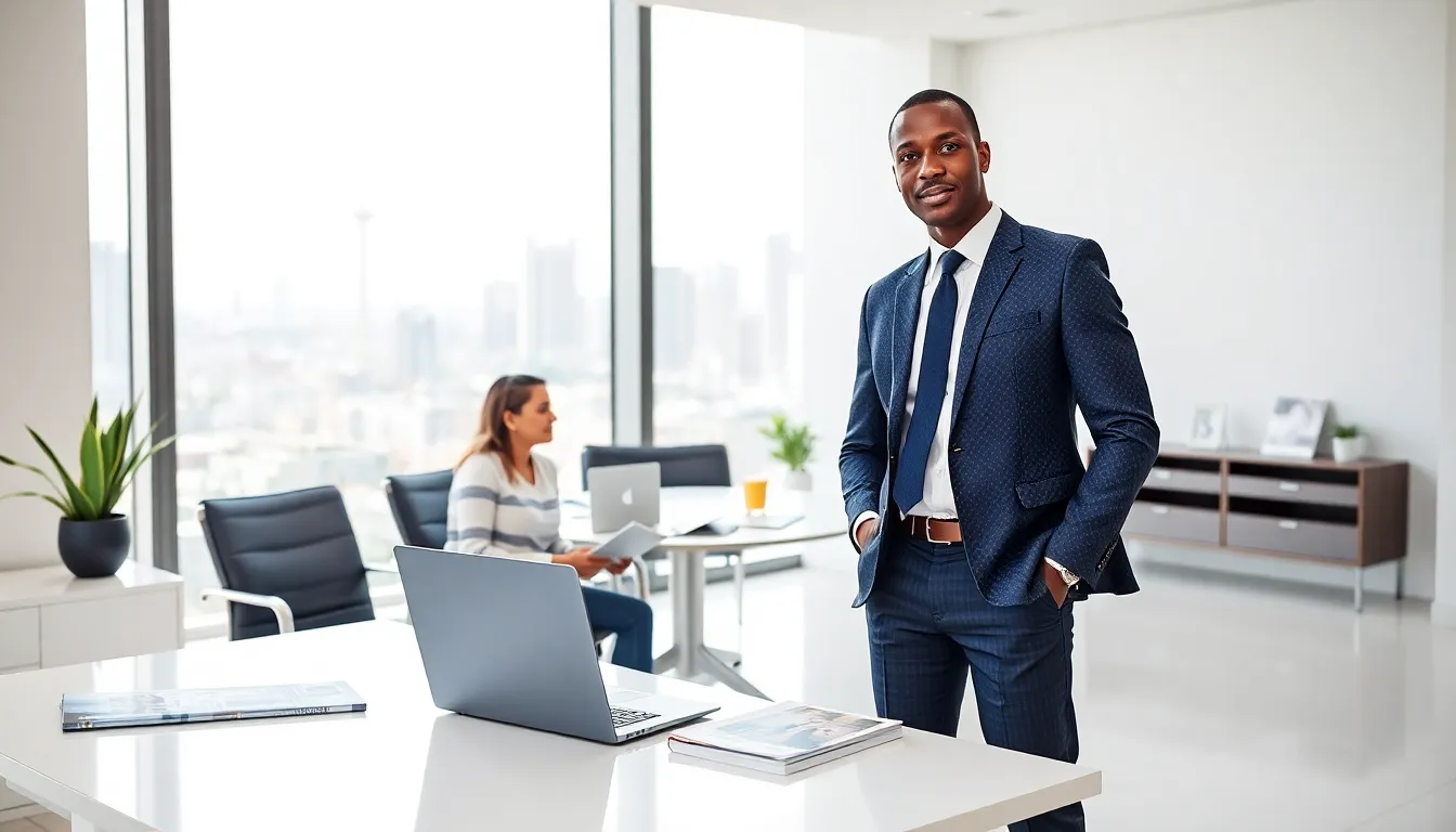 Timothy Williams discussing real estate with clients in a modern office.