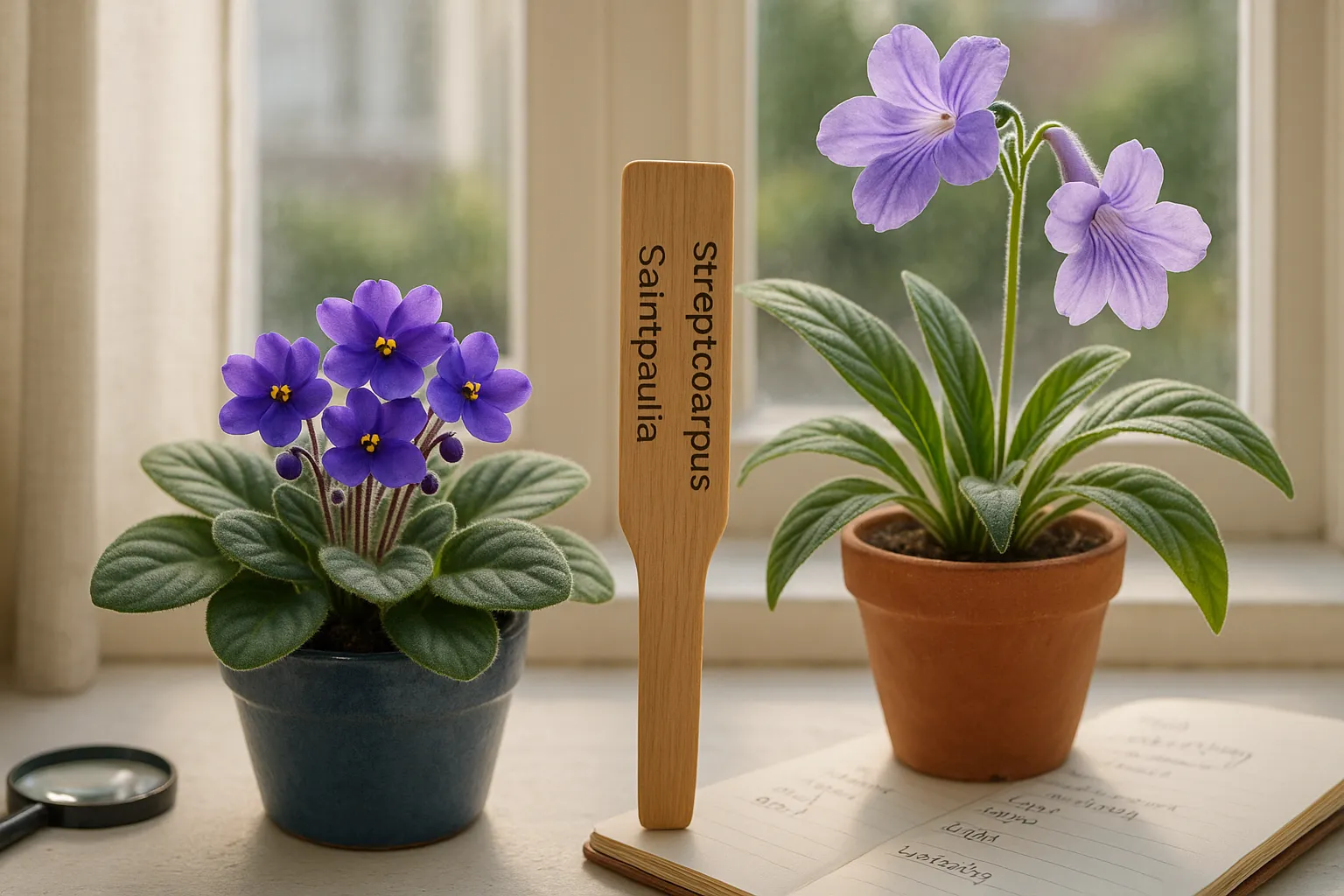 Side-by-side African violet rosette and Streptocarpus with tall scape on windowsill.