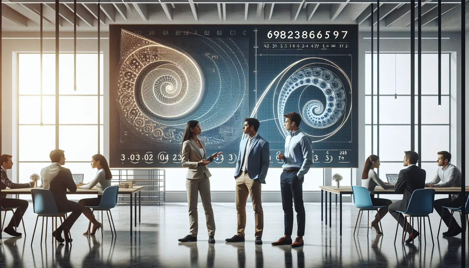 professionals discussing number patterns in a modern classroom.