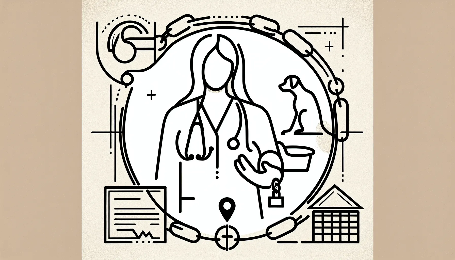 A veterinarian enclosed by a chained padlock circle blocking access to nearby clinic and map pin of Veterinary Non-Compete Review.