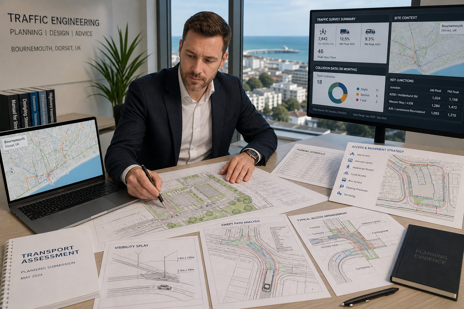 Traffic engineer reviewing Bournemouth site plans and transport planning documents.