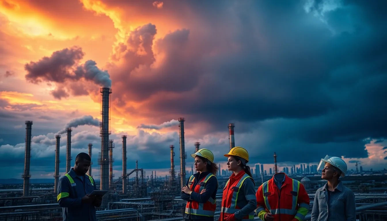 an oil refinery with workers and a city skyline at sunset.