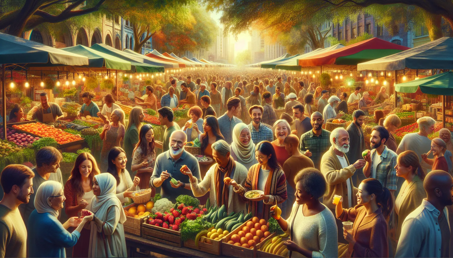 diverse community at a lively farmers' market.