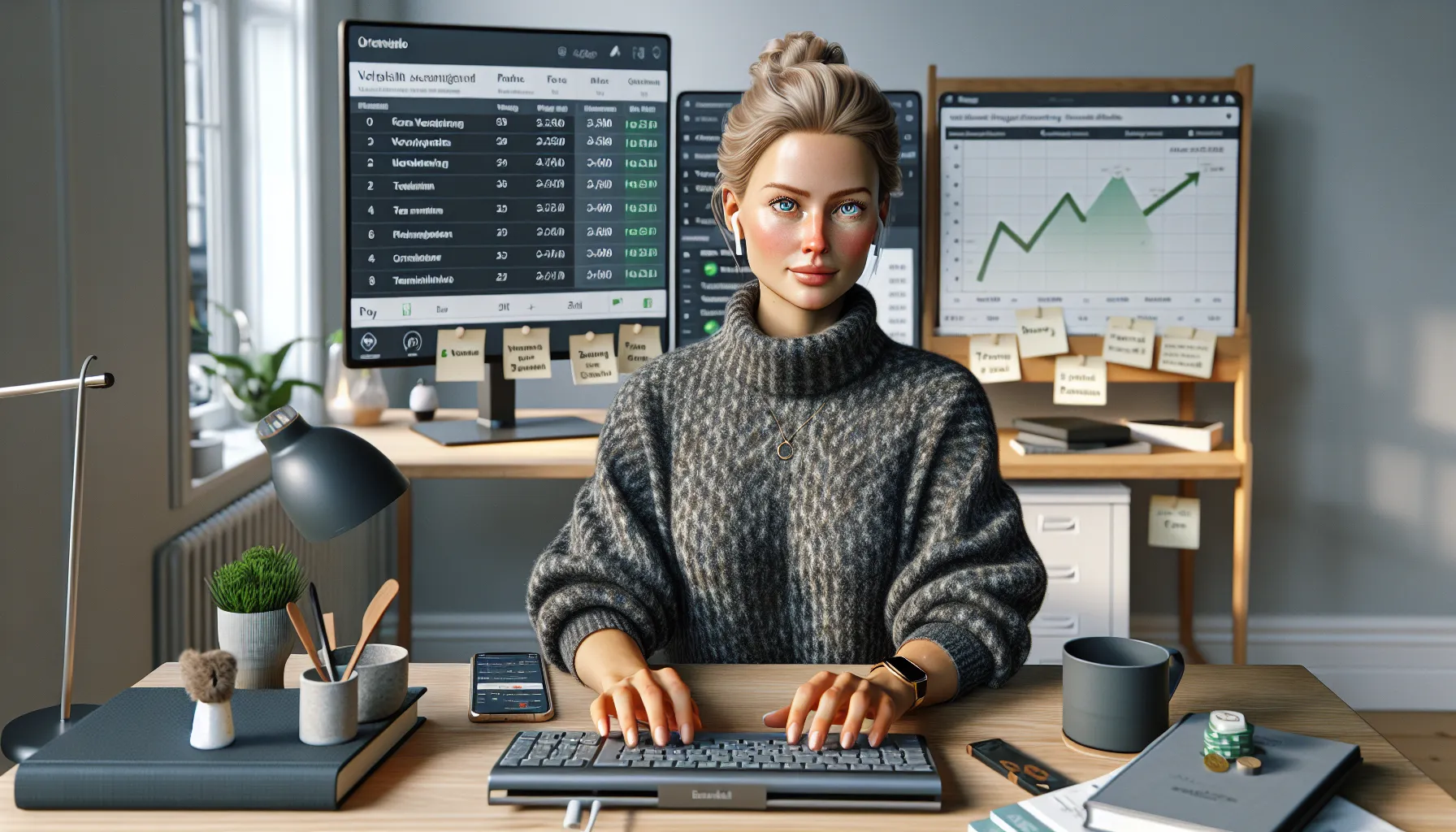 Norwegian virtual assistant managing calendars, invoices, and projects at dual monitors.