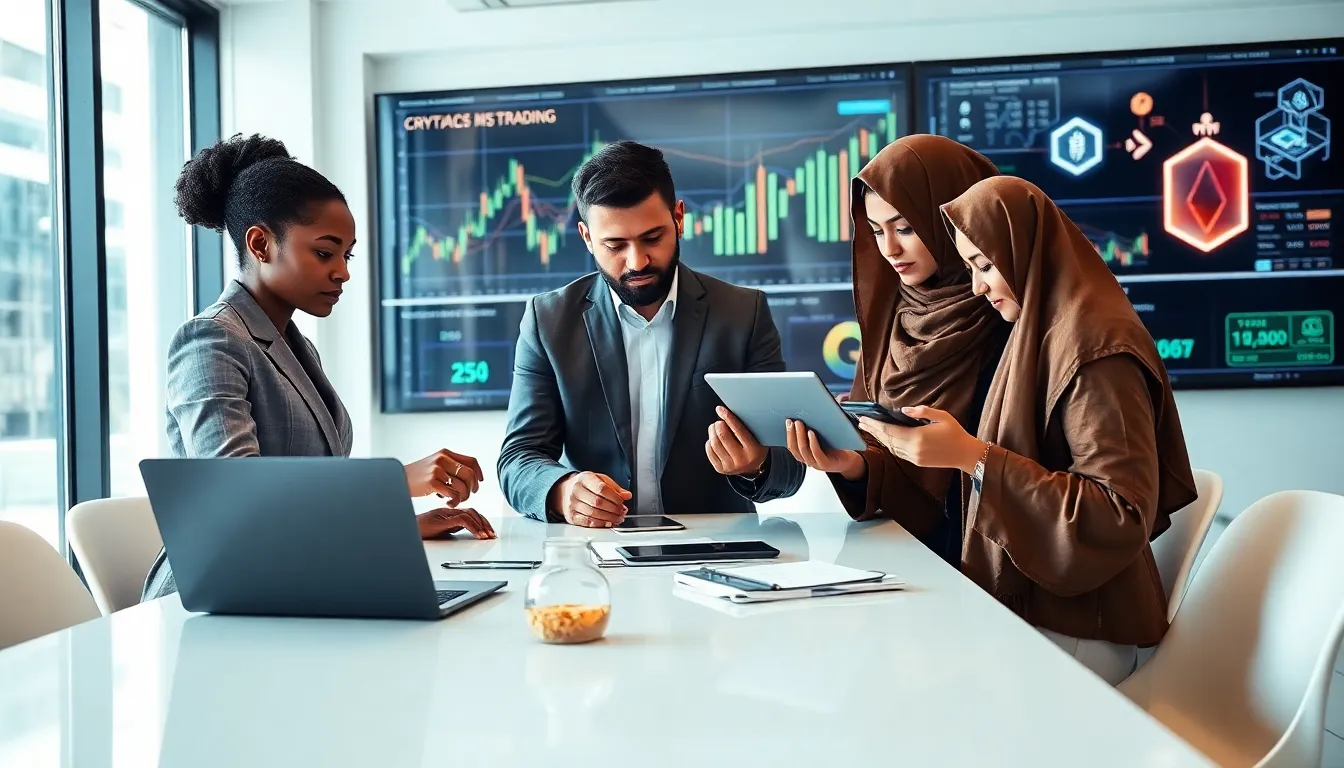 diverse team analyzing cryptocurrency data in a modern office.