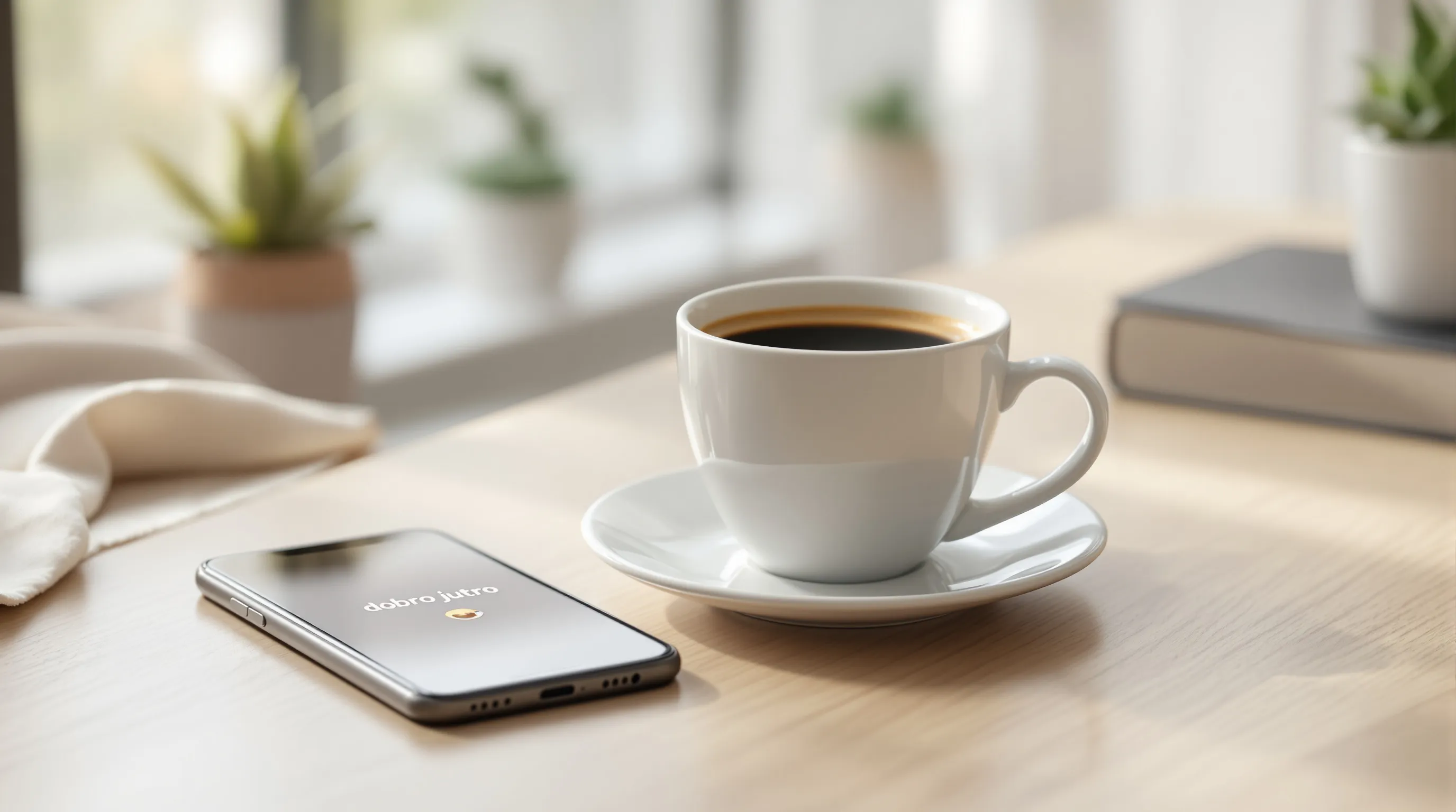 Coffee cup and smartphone displaying short good morning message on wooden table.