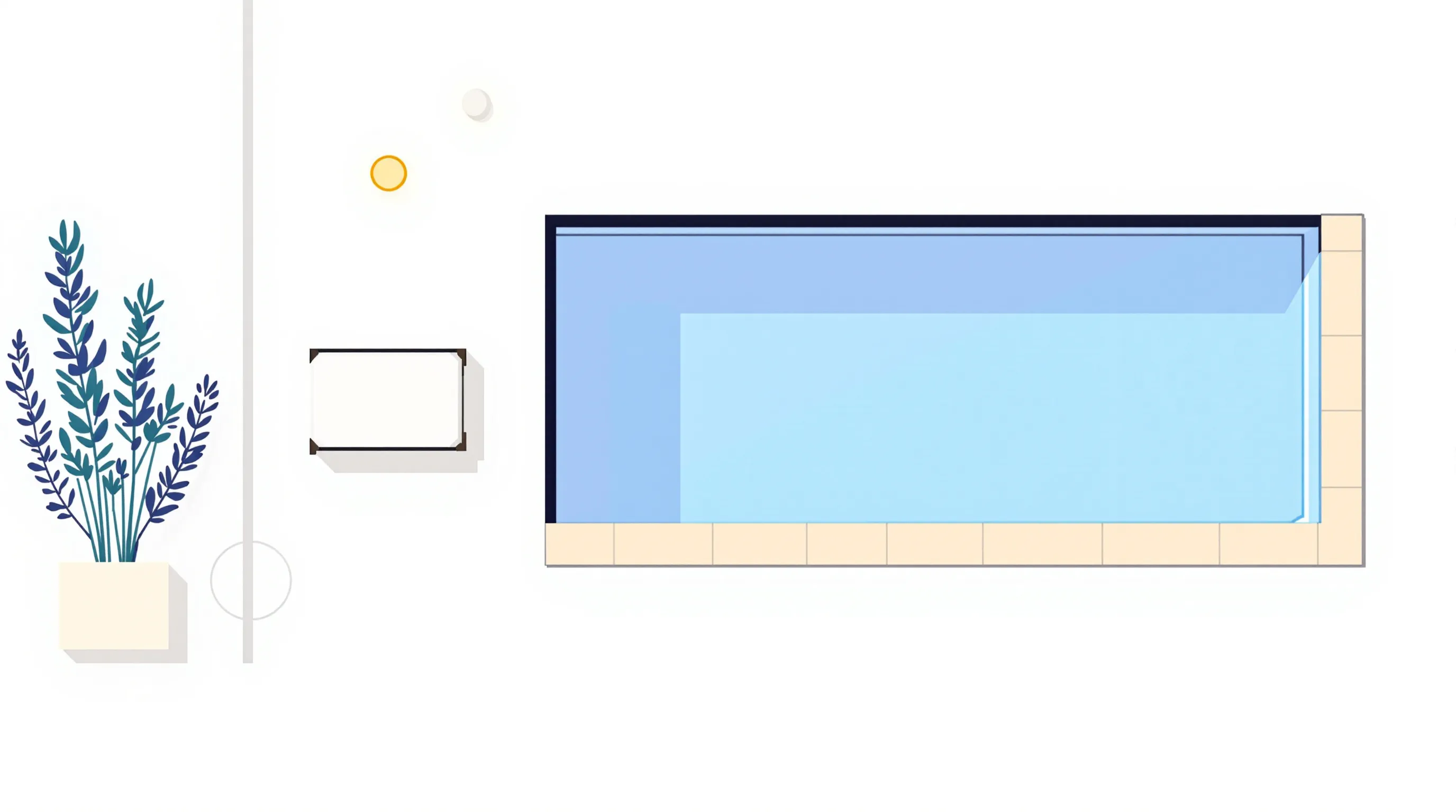 Minimalist pool terrace with lounge chairs, plant, and outdoor lighting icon.