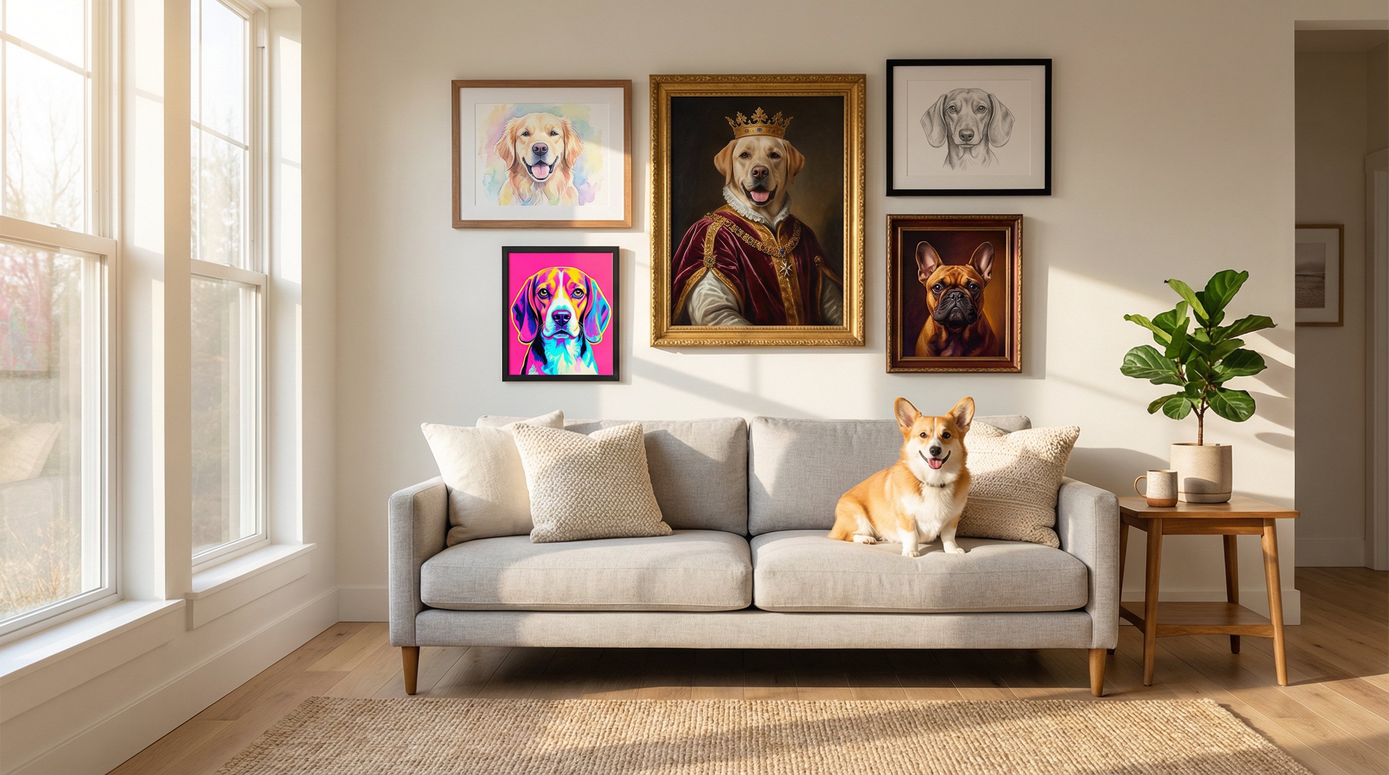 Gallery wall of custom dog portraits in various art styles above a sofa with a Corgi.