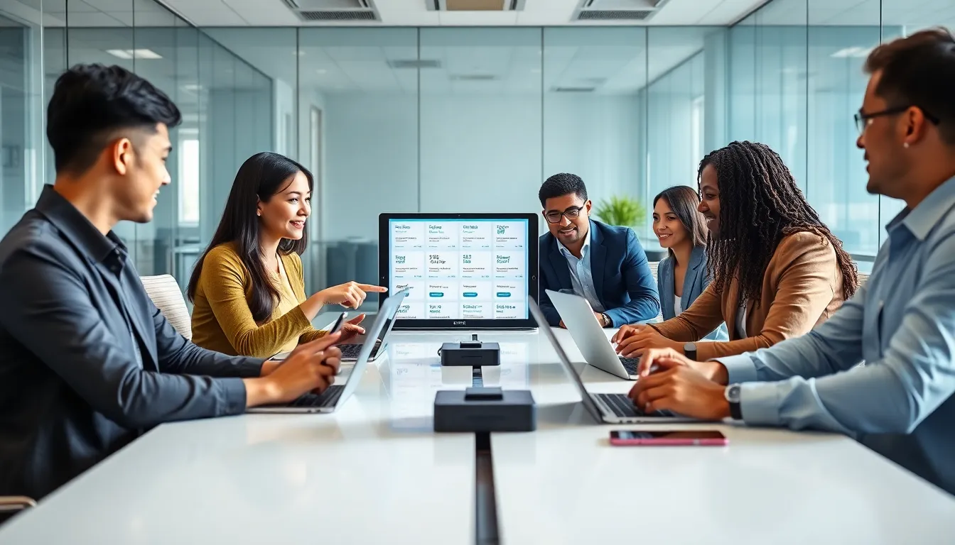 diverse team discussing mobile phone deals in a modern office.