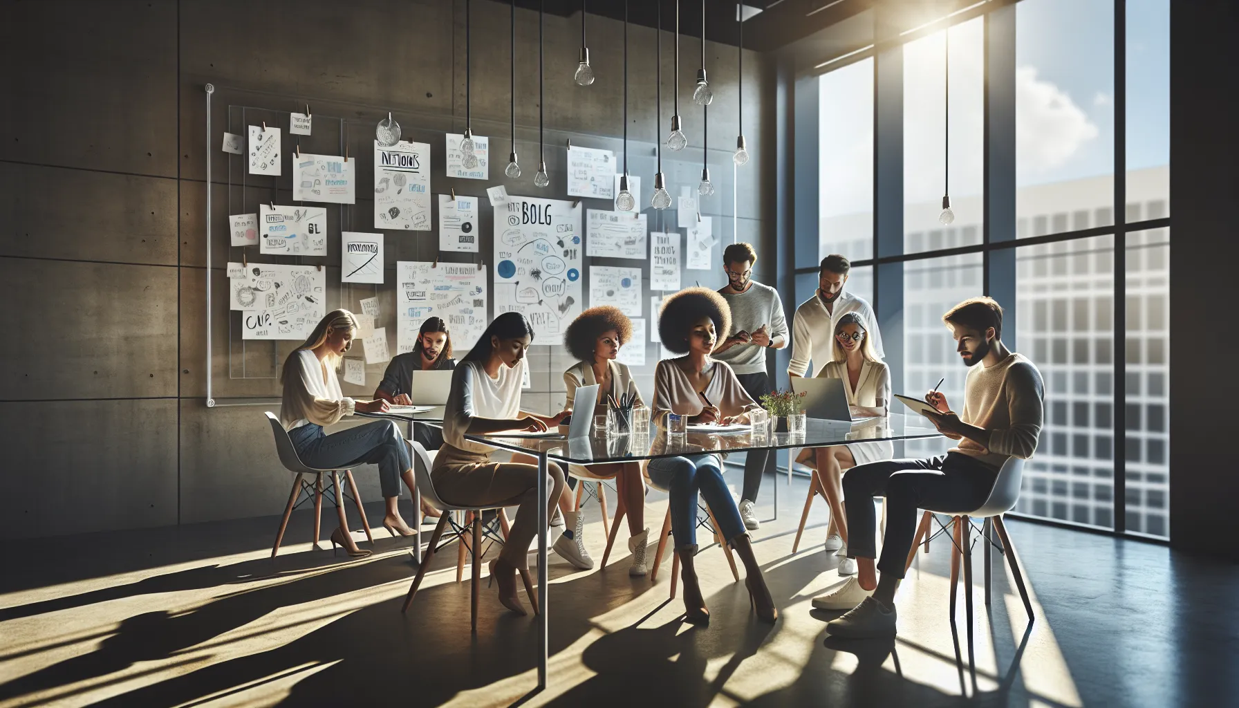 A diverse team brainstorming in a modern office setting.