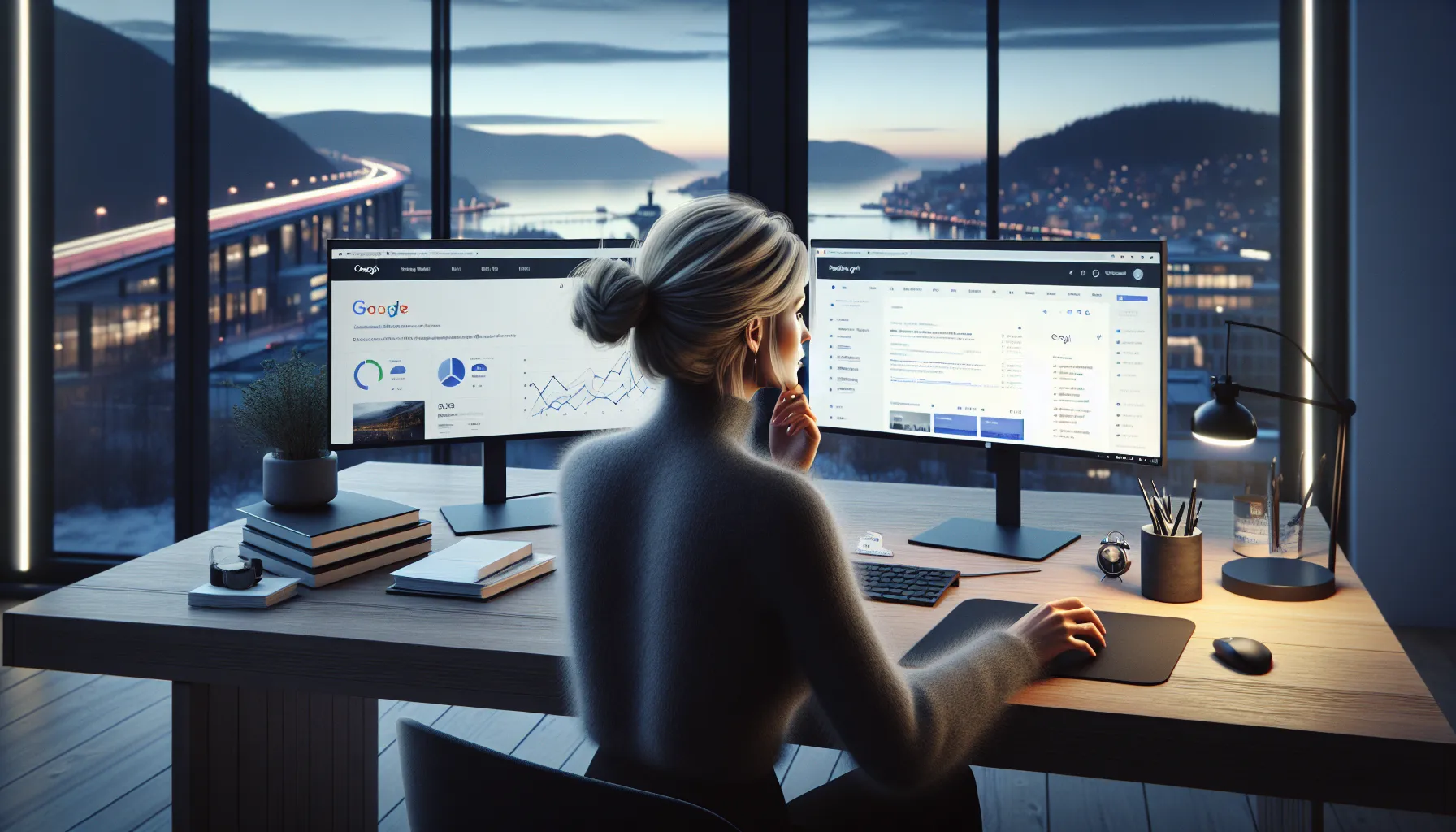 Norwegian seo specialist viewing top google rankings and rising organic traffic graphs.