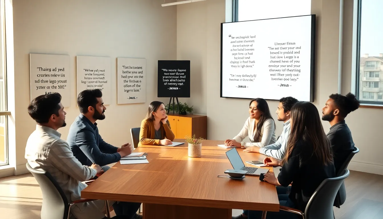 diverse group discussing Jesus' inspirational quotes in an office setting.