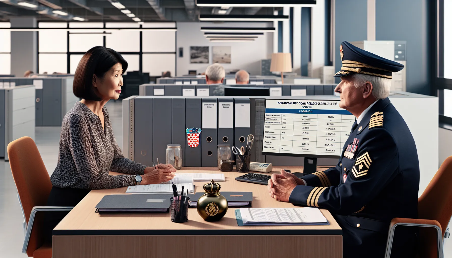 Croatian veteran consulting with government official about pension documents in professional office setting