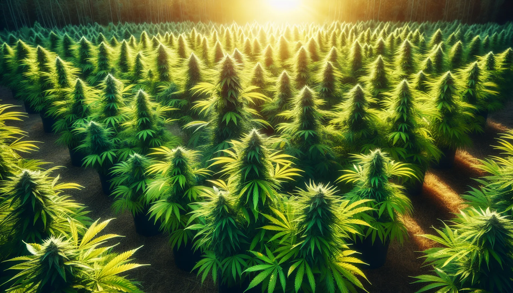 A vivid field of tall sativa cannabis plants under a sunny sky.