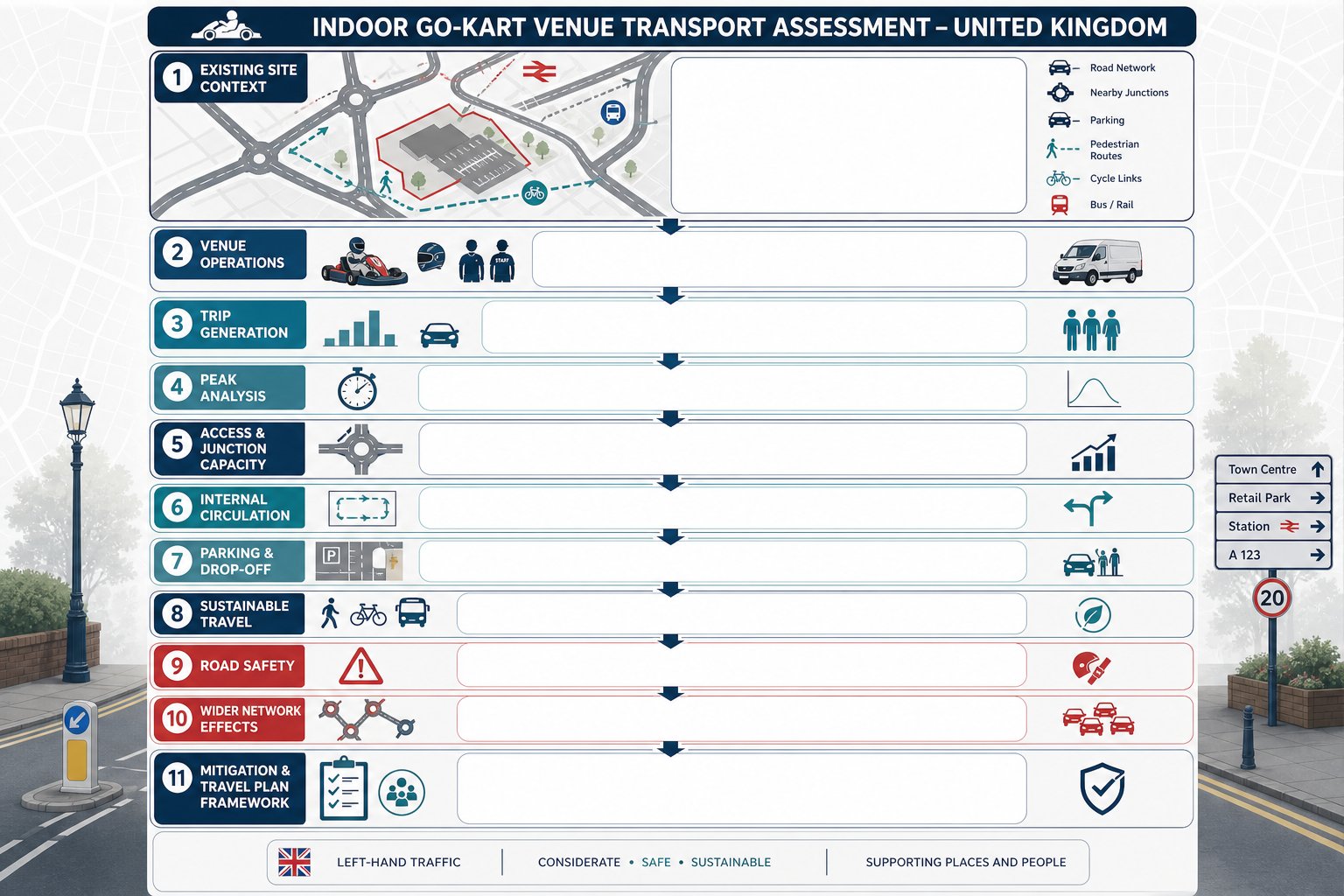 infographic of key elements in an indoor go-kart transport assessment.